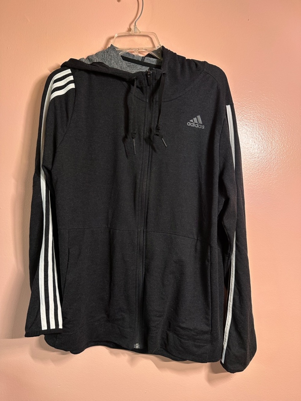 adidas Men’s Black Athletic Workout Gym Hoodie with White Stripes and Zip